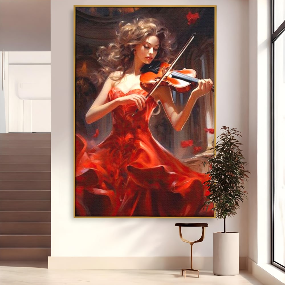 Tablou canvas cu tablou canvas cu femeie violonista, in rama de aluminiu auriu